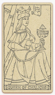 Queen of Chalices card - inked illustration - In the spirit of the Marseille tarot - minor arcana - design and illustration by Cesare Asaro - Curio & Co. (Curio and Co. OG - www.curioandco.com)