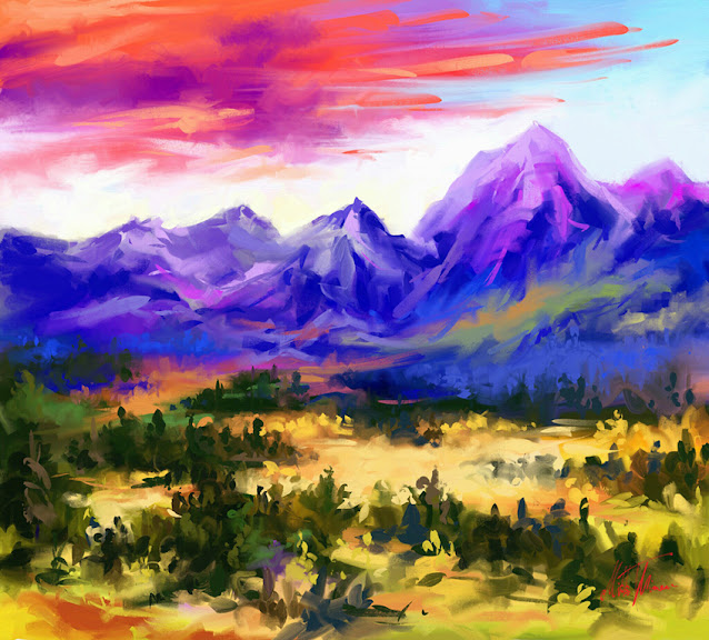 Sunset at valley digital colorful landscape painting by Mikko Tyllinen