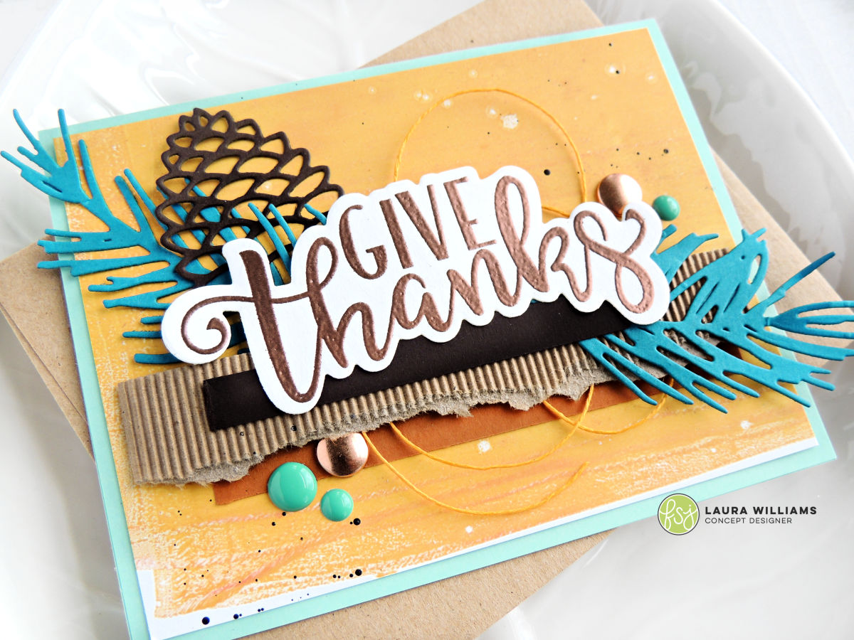 Give Thanks Card from Fun Stampers Journey featuring the Fall Thanks Stamp with the Branch and Cones Die Set #funstampersjourney #cardmaking #handmadecards