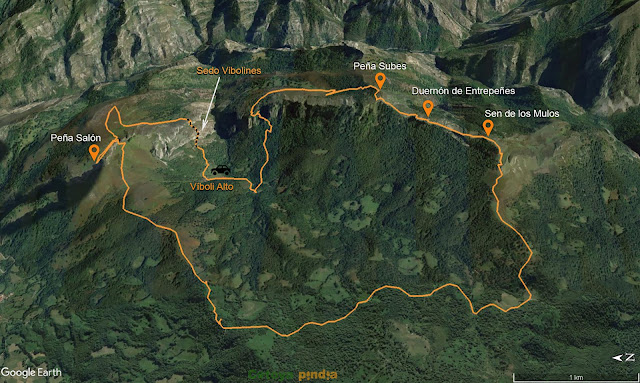 mapa de la ruta a Peña Subes, Sen de los Mulos y Peña Salón desde Víboli