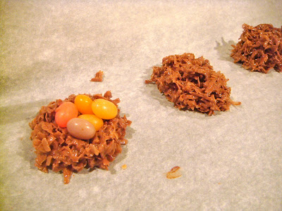 Chocolate-coconut nests with jelly bean eggs