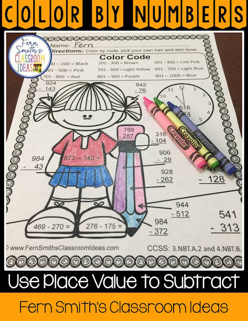 Teaching How to Use Place Value to Subtract Including Lesson Plans, Centers, Task Cards, Color By Numbers & More Resources. #FernSmithsClassroomIdeas