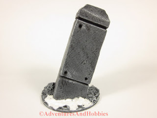 25 mm scale terrain tall stone pillar for Frostgrave fantasy miniature game - rear view.