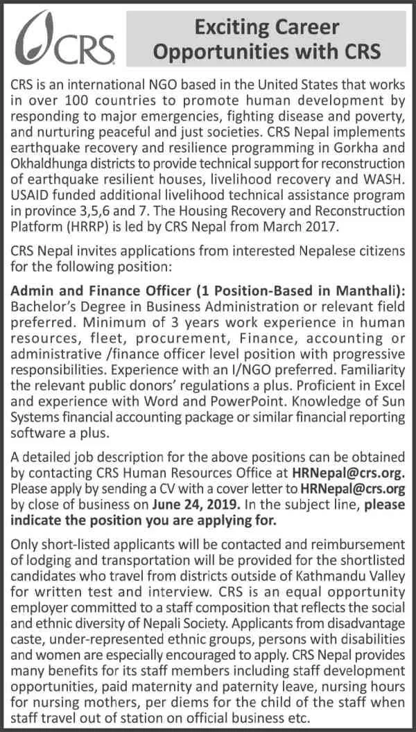 CRS International Nepal Vacancy for Admin and Finance Officer.