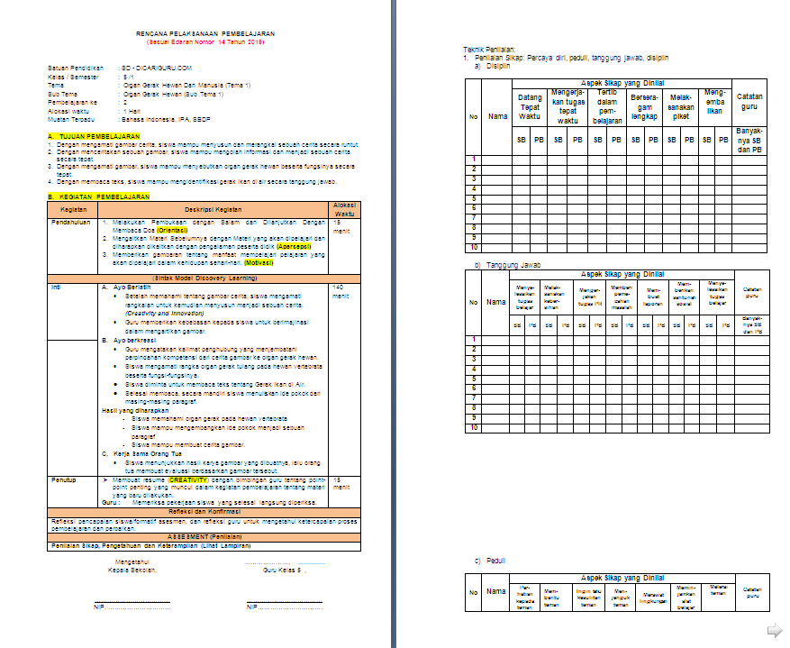 RPP K13 1 Lembar Kelas 5 SD/MI Semester 1