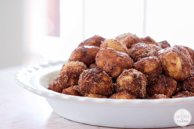 cinnamon bites in a round baking dish.