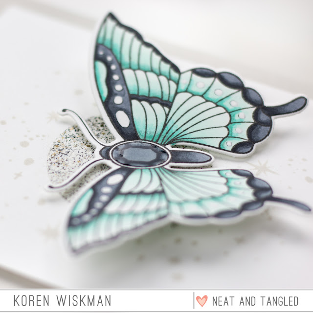 eat and Tangled, Butterfly Beauties, Stamp set, moon and stars, stamping, die-cutting, blue, mint, green, gem, greeting card, Ranger, Simon Says Stamp, Copic Markers, heat embossing, koren wiskman, 