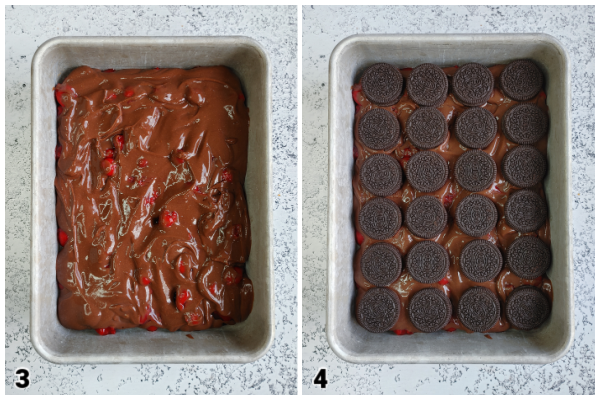 Black Forest Oreo Dessert!  Step-by-step instructions for a super easy no-bake icebox cake layered with Oreo cookies, chocolate pudding and cherry pie filling.