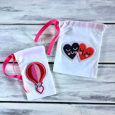 cloth, sewing, sewing machine, fabric crafts, sewing crafts, fabric pouches, Valentine crafts, iron-on patches, blah to TADA, fuchsia ribbon, gift wrapping ideas, goodie bag ideas, hotter balloon iron-on patch, hearts iron-on patch