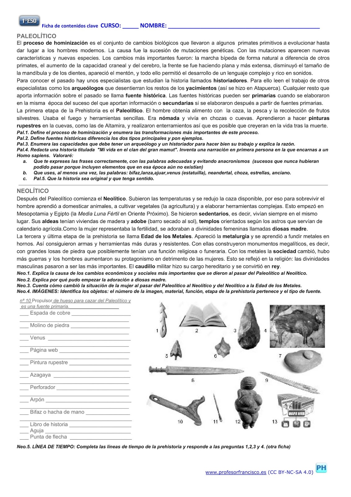 Ficha De La Prehistoria Profesor de Historia, Geografía y Arte: Actividades fotocopiables de la  prehistoria