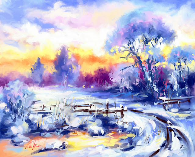 Frosty sunset digital winter landscape painting by Mikko Tyllinen