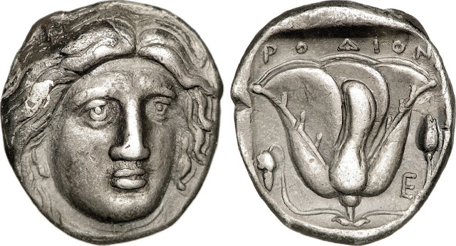 Серебряные монеты Родоса 250 -230г до н. э. Гелиос представлен на одной стороне, роза на другой. Было ли это лицо Колосса Родосского?