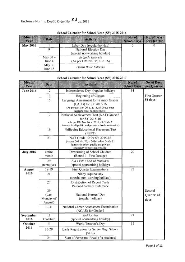 DepEd Memos Orders Results DO 23 S 2016 School Calendar For deped-memos-orders-results-do-23-s-2016-school-calendar-for