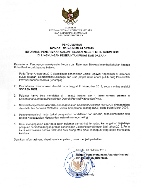 Pengumuman No: B/1069 /M.SM.01.00/2019 tentang Informasi Penerimaan CPNS Tahun 2019 di Lingkungan Pemerintah Pusat dan Daerah yang ditandatangani Menteri PANRB Tjahjo Kumolo.