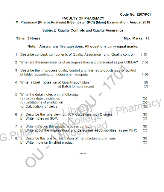 Osmania University M. Pharmacy (Pharmaceutical Analysis) IISemester