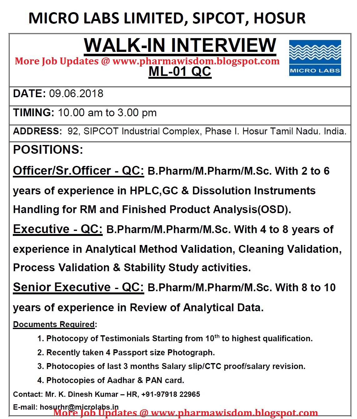 PHARMA WISDOM MICRO LABS LIMITED WalkIn Interview for Multiple