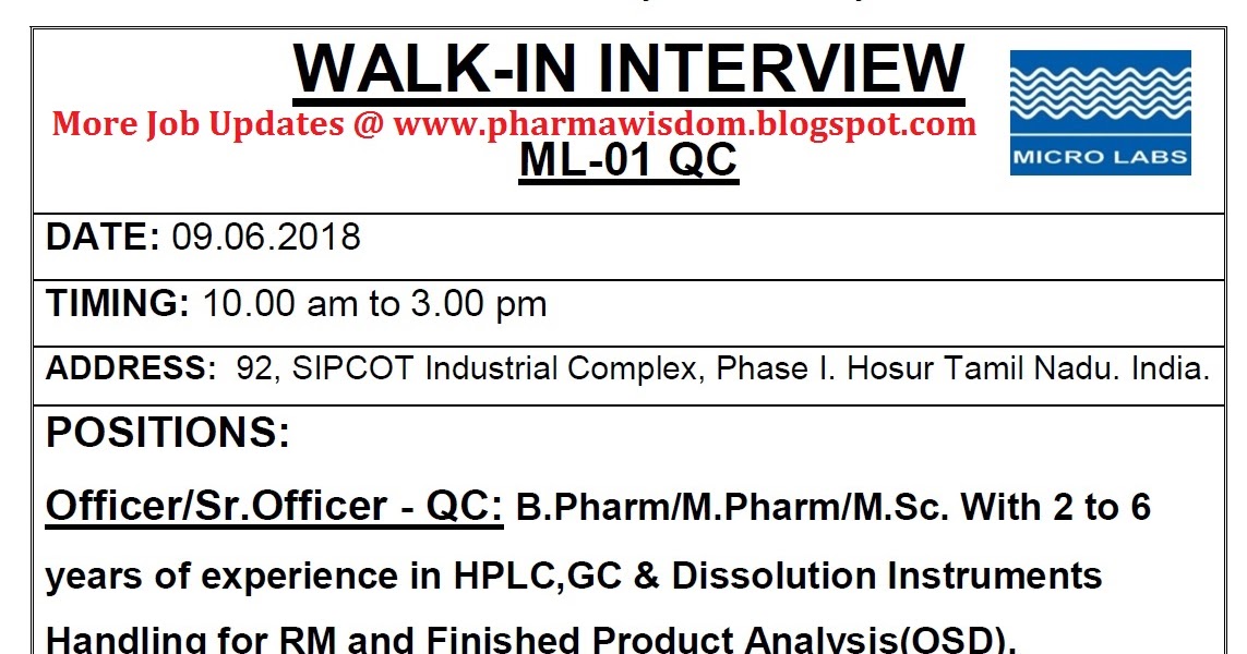 PHARMA WISDOM MICRO LABS LIMITED WalkIn Interview for Multiple
