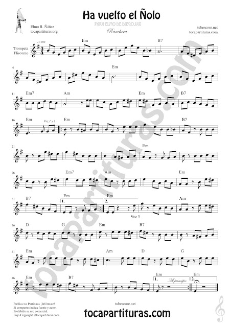  Trompeta y Fliscorno Partitura de Ha vuelto el Ñolo Sheet Music for Trumpet and Flugelhorn Music Scores