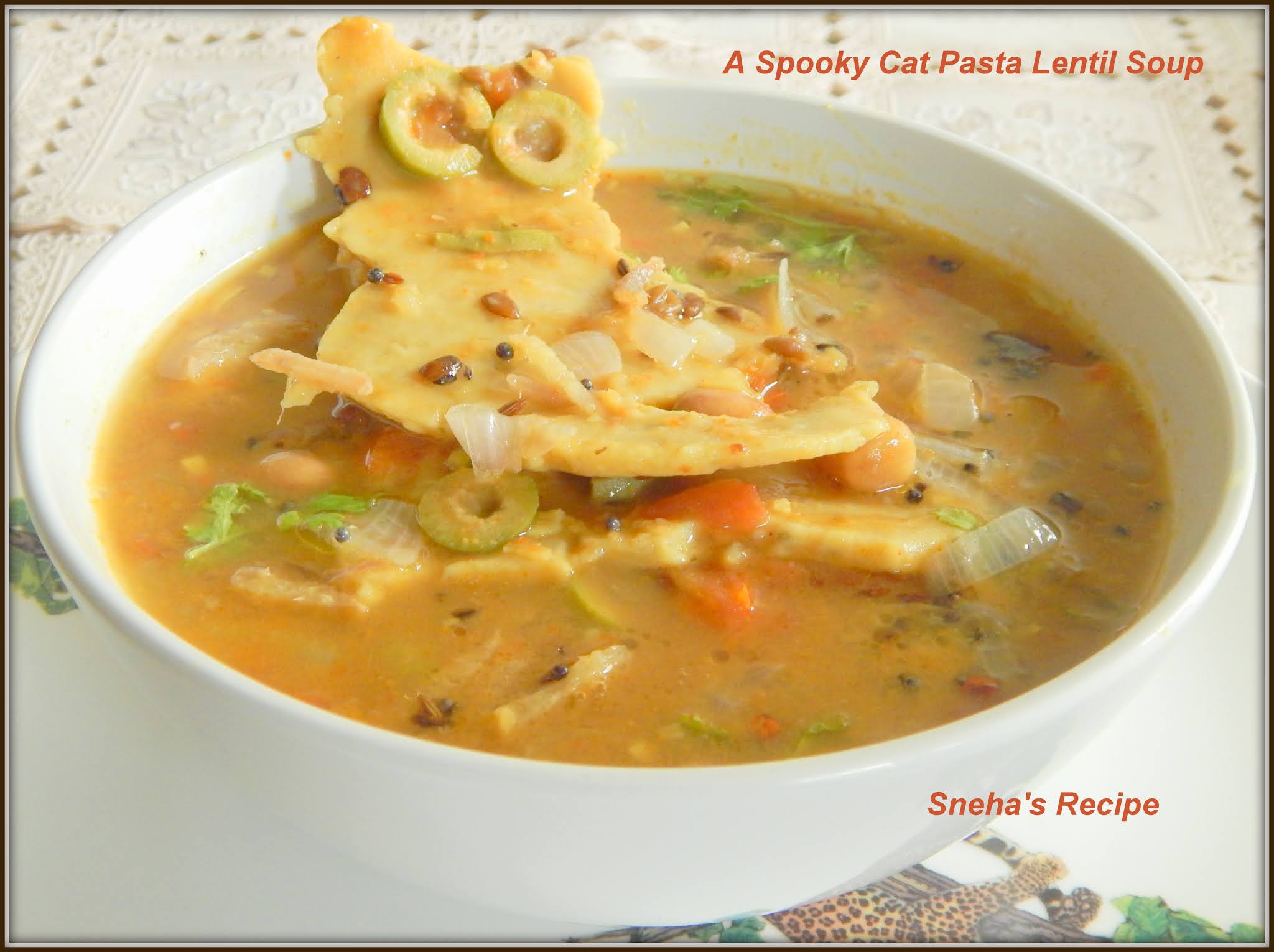 A Spooky Cat Pasta Lentil SoupSoupSwappers Sneha's Recipe