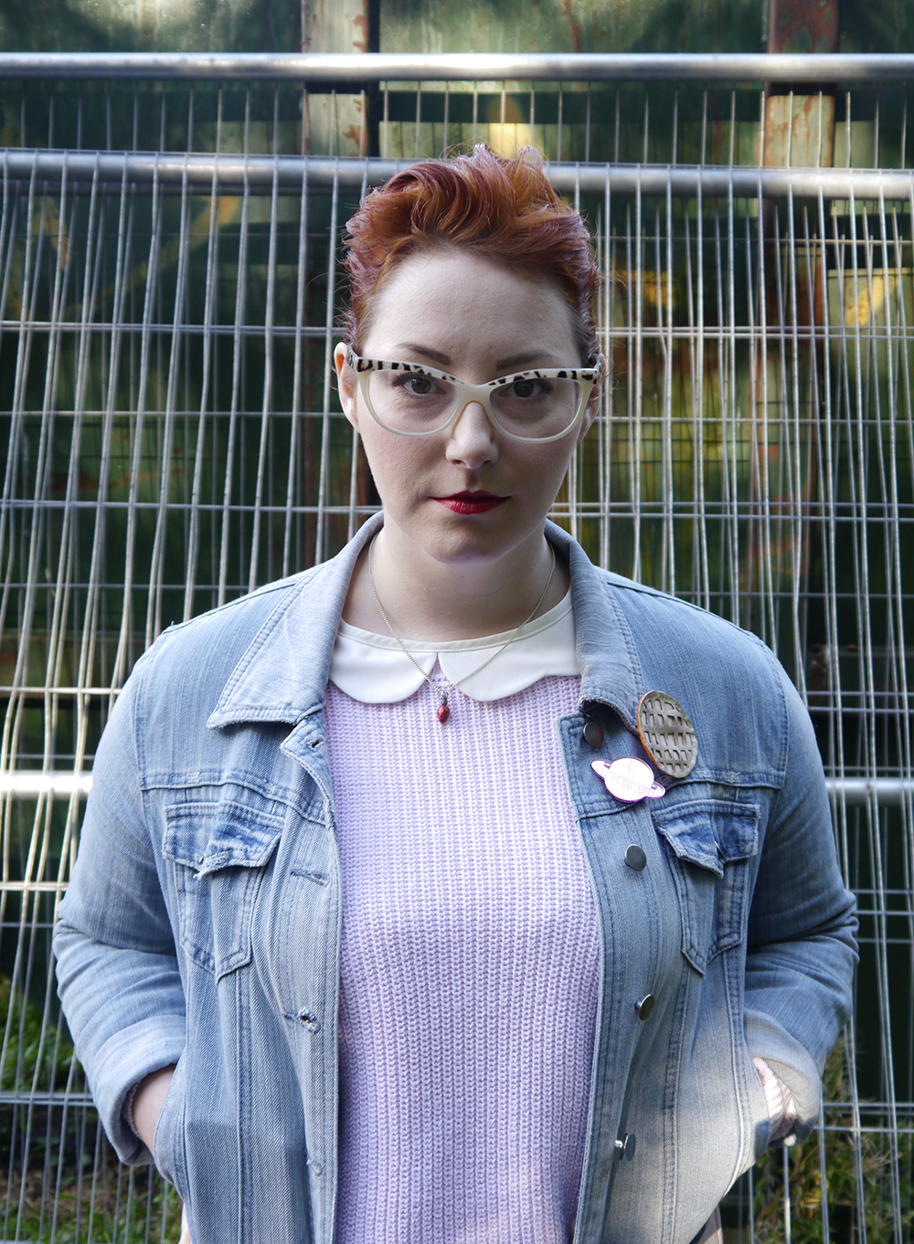 unlikely style icon, costume inspiration, Stranger Things, Eleven from Stranger Things, Stranger Things inspired outfit, Spex Pistols glasses, Cheap Frills christmas light necklace, denim jacket, pink outfit, Eat Me do socks , Wear Eponymous skirt, Eggo brooch, bonnie bling brooch, Lucky Dip club brooch