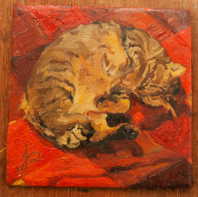 Cat impressionist oil painting on the easel by Jacqueline Gomez