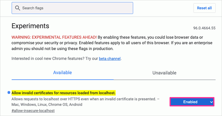 Chrome允許不安全的Localhost