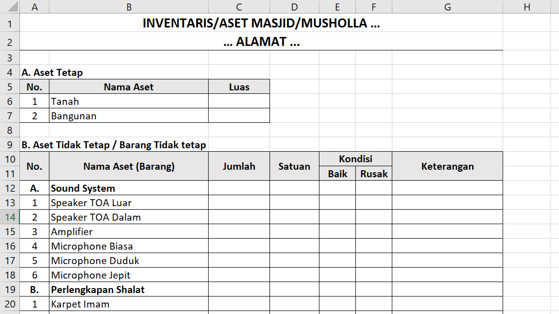 Contoh Tabel Inventaris Aset Masjid Atau Musholla Menggunakan Microsoft Excel Tutup Kurung