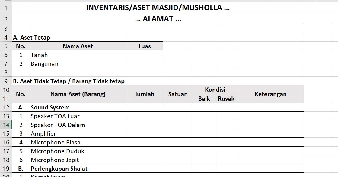 Contoh Tabel Inventaris/Aset Masjid atau Musholla Menggunakan Microsoft