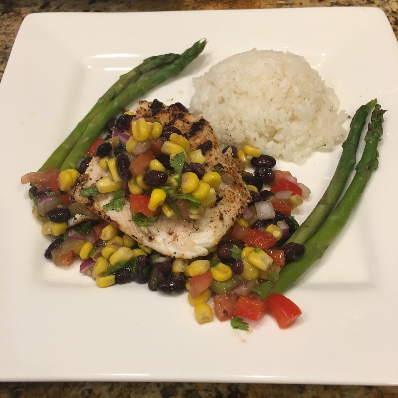 GREAT EATS HAWAII MONCHONG WITH BLACK BEAN AND CORN RELISH