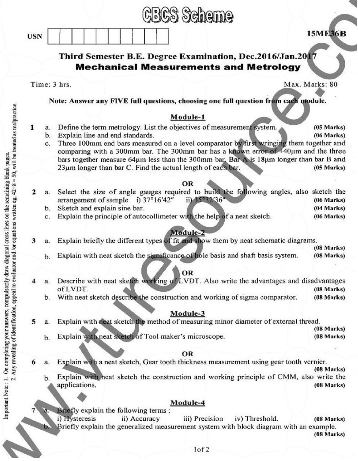 VTU BE 3rd Semester Mechanical Question Paper Mechanical Measurements