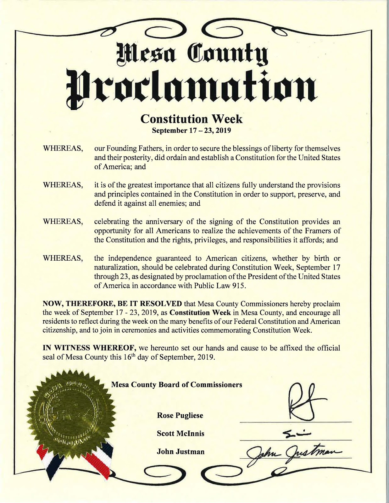 Mesa County News Sept. 1723, 2019, is Constitution Week in the Grand