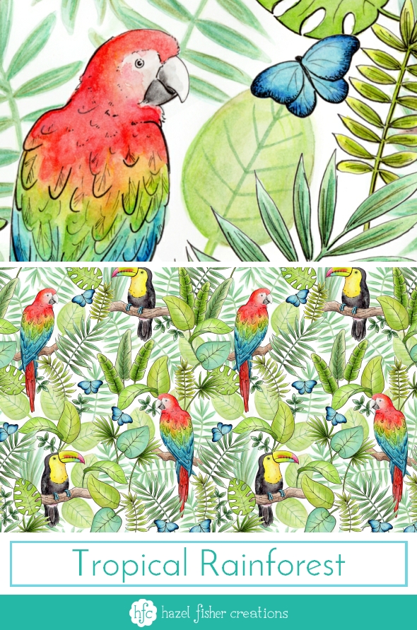 My Entry to Spoonflowers Rainforest Animals Challenge by Hazel Fisher Creations. Watercolour and pen illustrations. Surface Pattern Design. My Entry to Spoonflowers Rainforest Animals Challenge by Hazel Fisher Creations. Watercolour and pen illustrations. Surface Pattern Design.