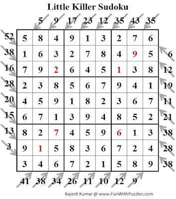 Little Killer Sudoku (Fun With Sudoku #195) Puzzle Solution