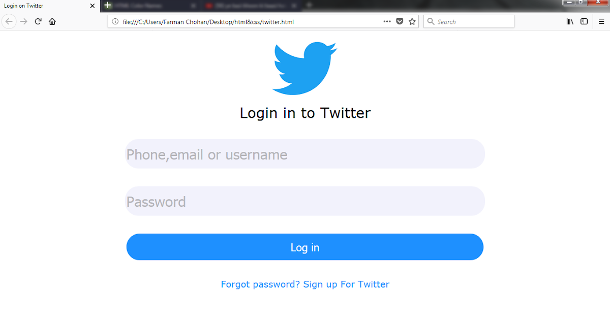 Twitter login page made with HTML and CSS