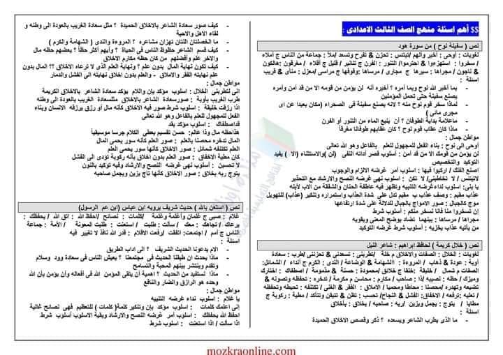 مراجعة لغة عربية الصف الثالث الاعدادي الترم التاني.. 10 ورقات 1