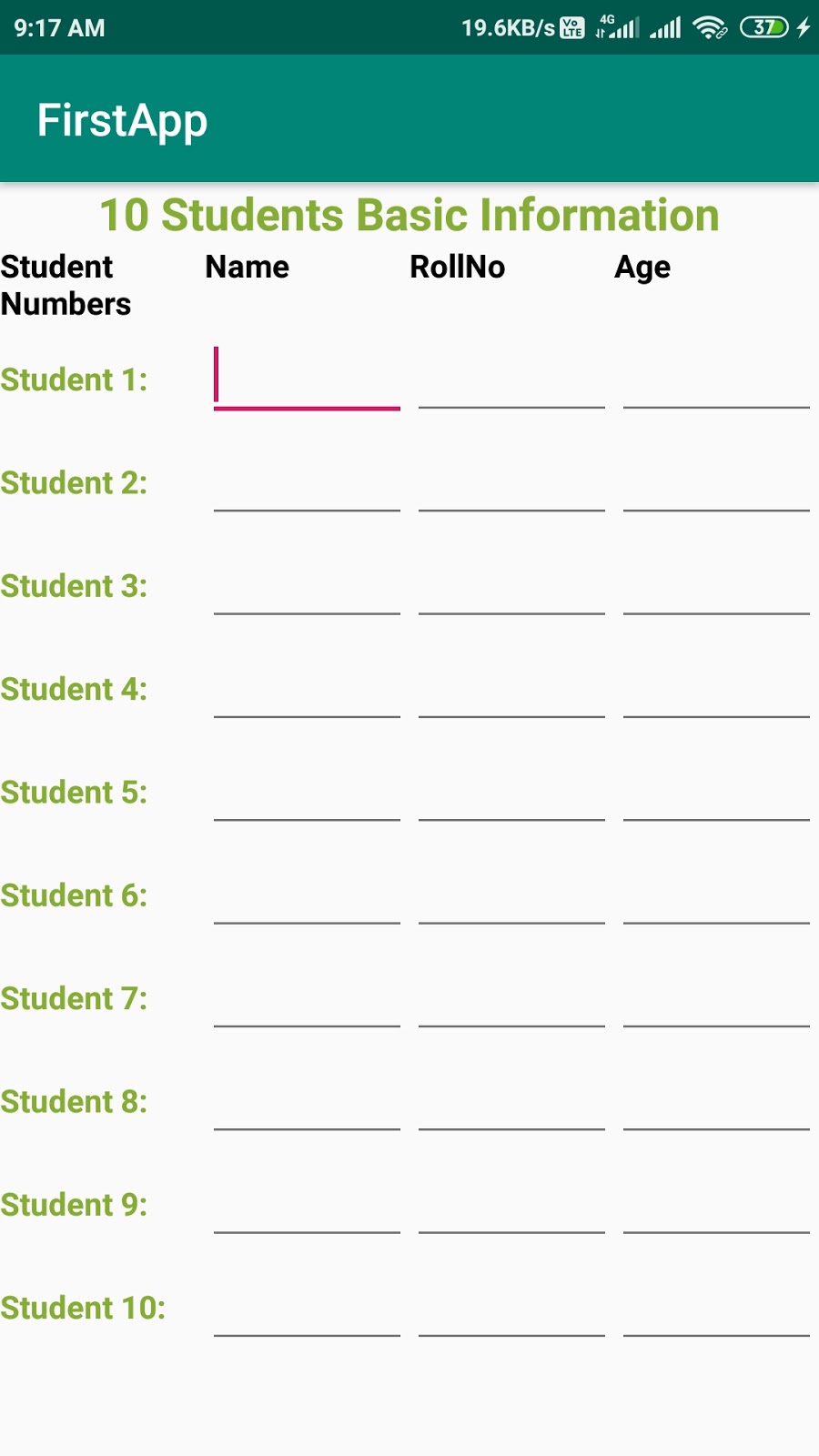 5 Program to display 10 students basic information in a table using Table Layout in Android