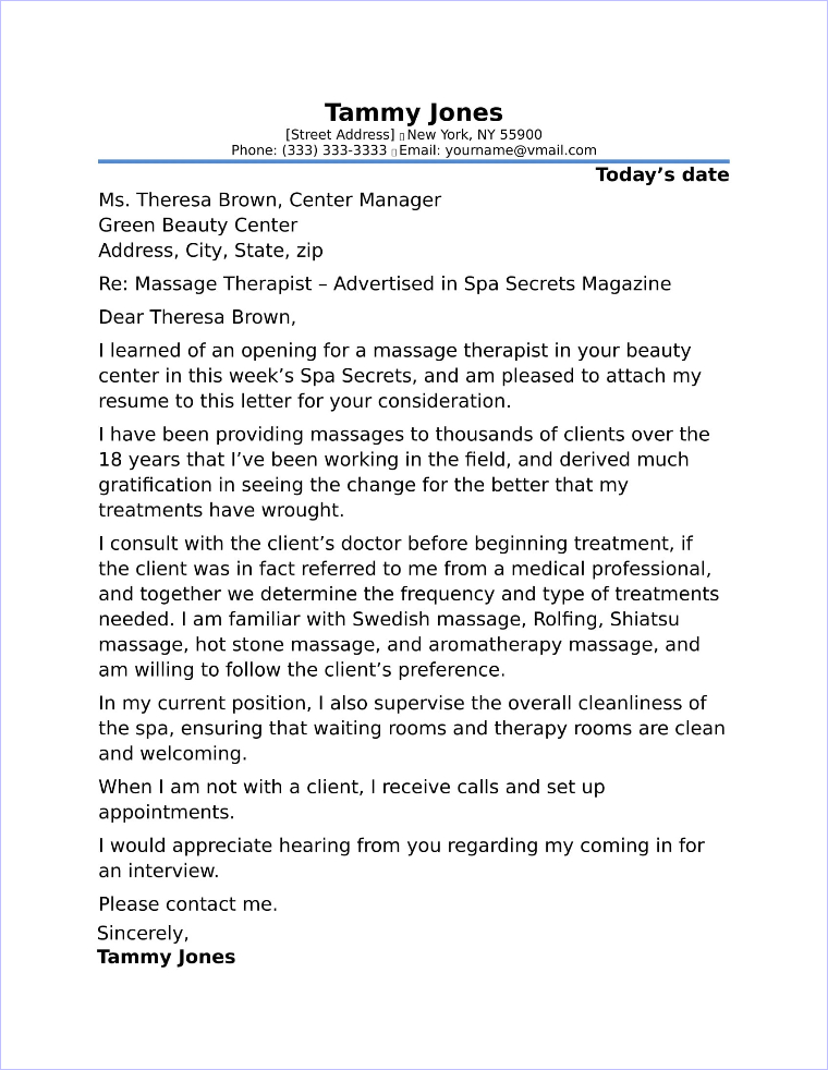 Licensed Massage Therapist Cover Letter ~ Resume Letter