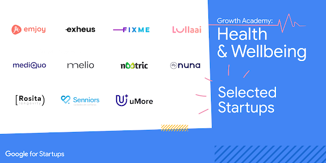 Ilustración de color azul de Growth Academy: Health and Wellbeing con 11 logos de startups seleccionadas para el programa Google for Startups. Logotipos a la izquierda y frases a la derecha: Growth Academy: Health and Wellbeing en color blanco y frase Selected Startups debajo.