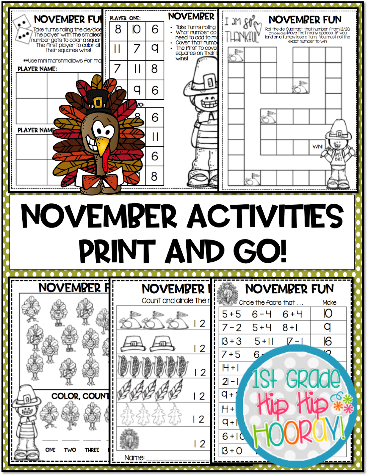 1st Grade Hip Hip Hooray!: November Math and Literacy Activities