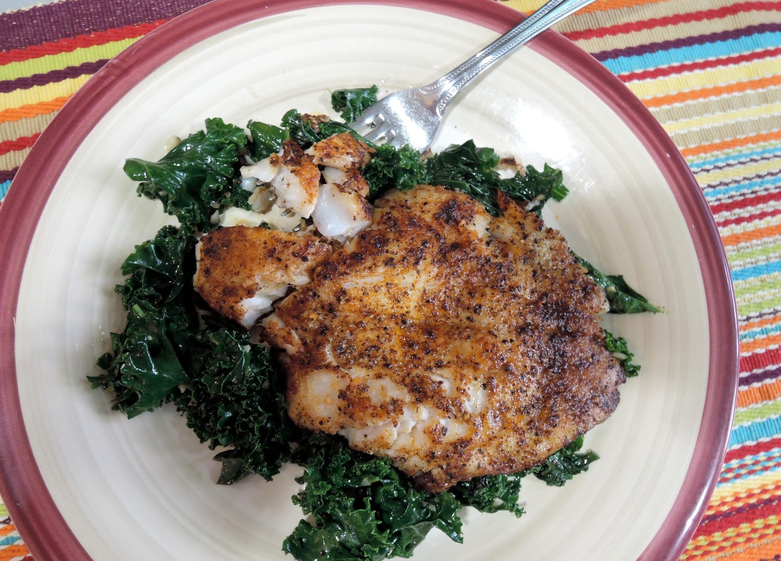 The Briny Lemon Blackened Flounder with Garlic Sautéed Kale
