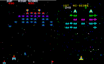 Clips of gameplay for Galaxian and Cosmic Alien, shown side-by-side.