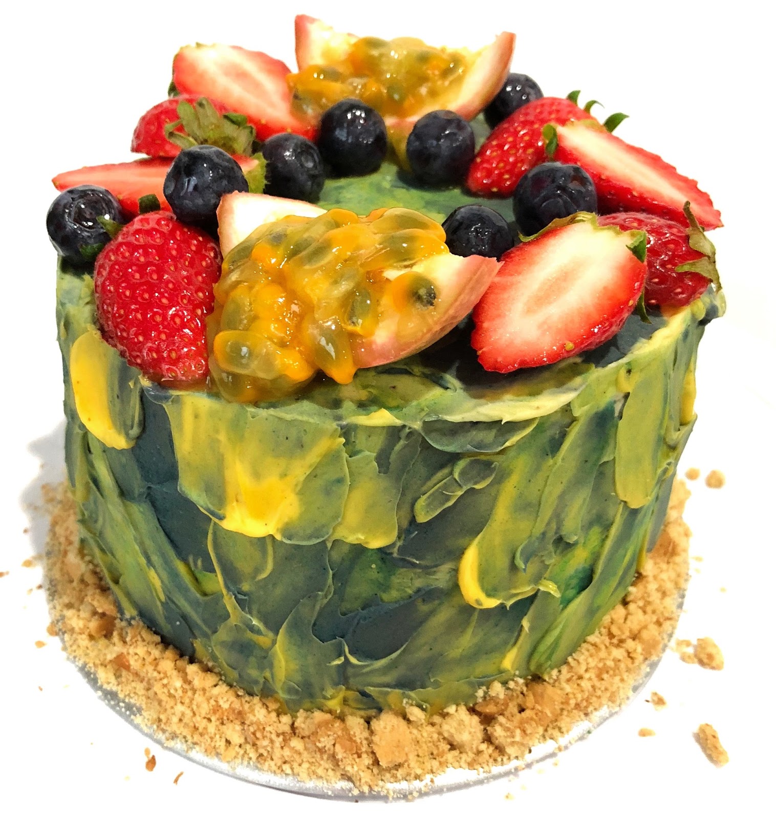 Ombre Blue and Yellow cake with fruits