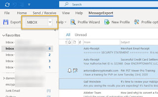 Image shows MessageExport toolbar in Outlook with MBOX selected, and several emails highlighted in the maillist.