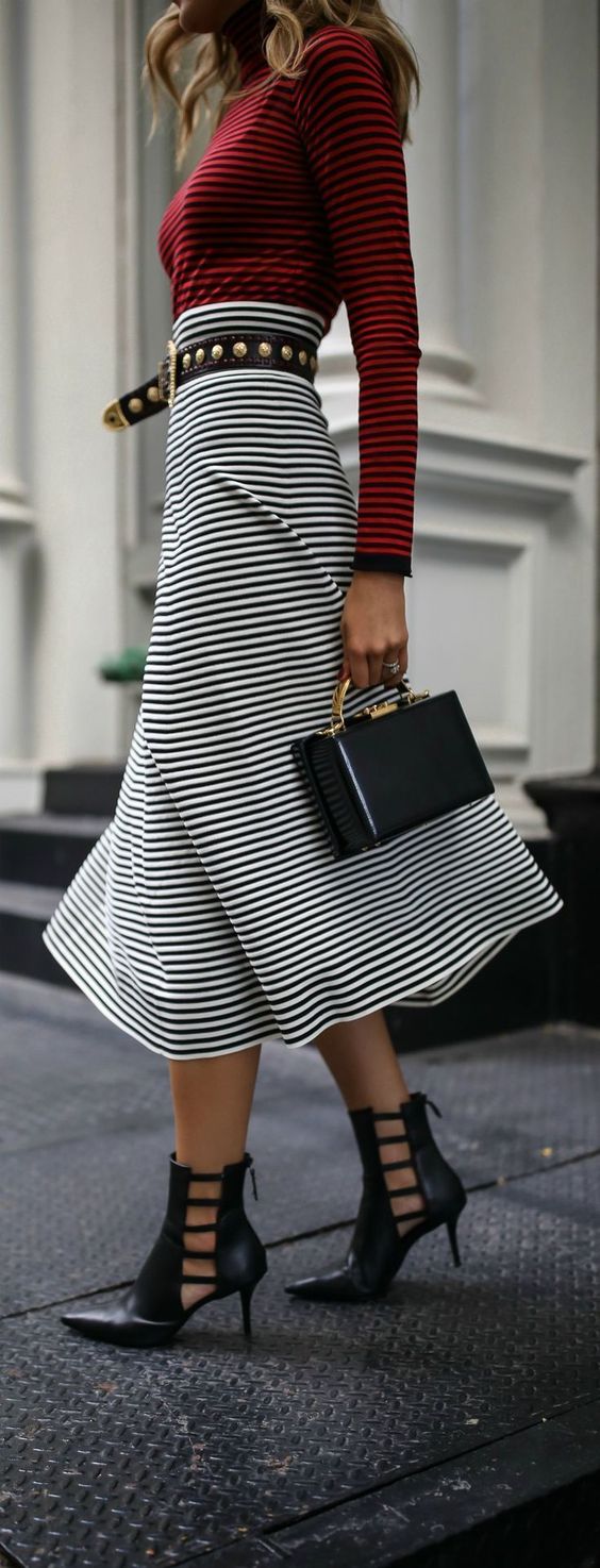 Women's fashion | Studded belt over striped skirt and red striped shirt ...