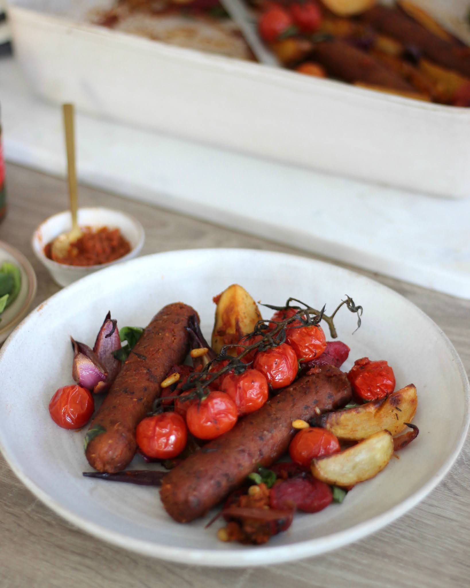 Glazed Sausage Tray Bake with Roast Veg Jessica Beautician