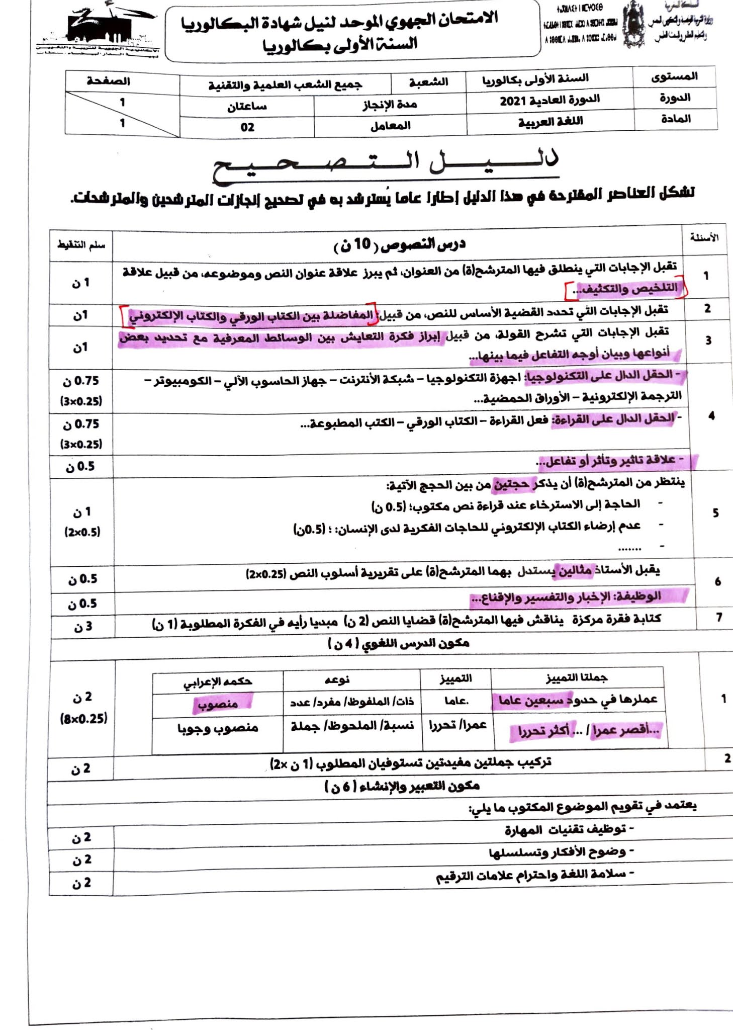 تصحيح جهوي العربية 2021 تصحيح جهوي العربية 2021
