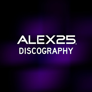 A black background with out of focus violet colors. A centered text says ALEX25 Discography