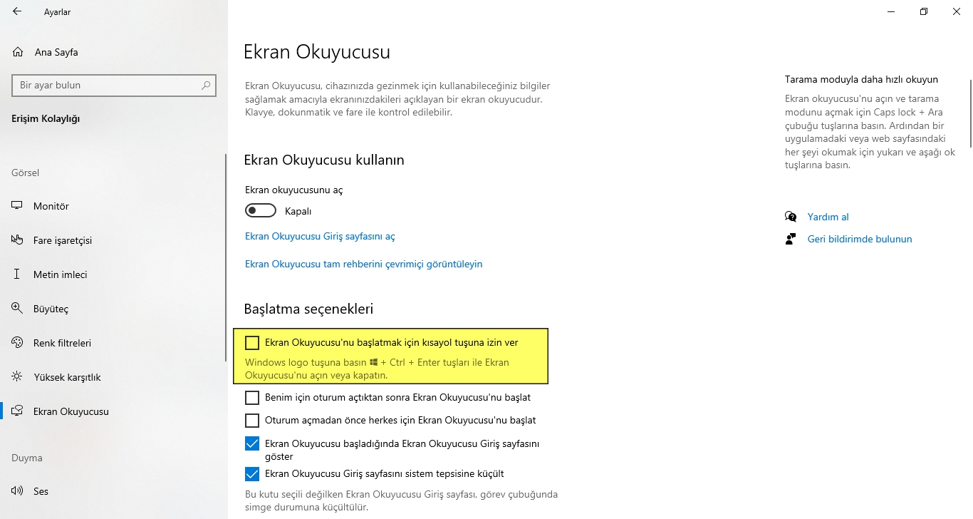 Windows 10�da Ekran Okuyucusunu Tamamen Kapatma