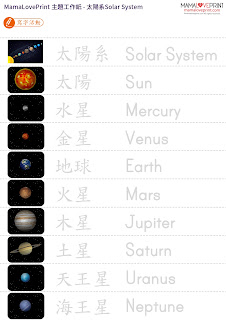 MamaLovePrint 主題工作紙 - 太陽系Solar System - 中英文幼稚園工作紙 Kindergarten Theme Worksheet Free Download