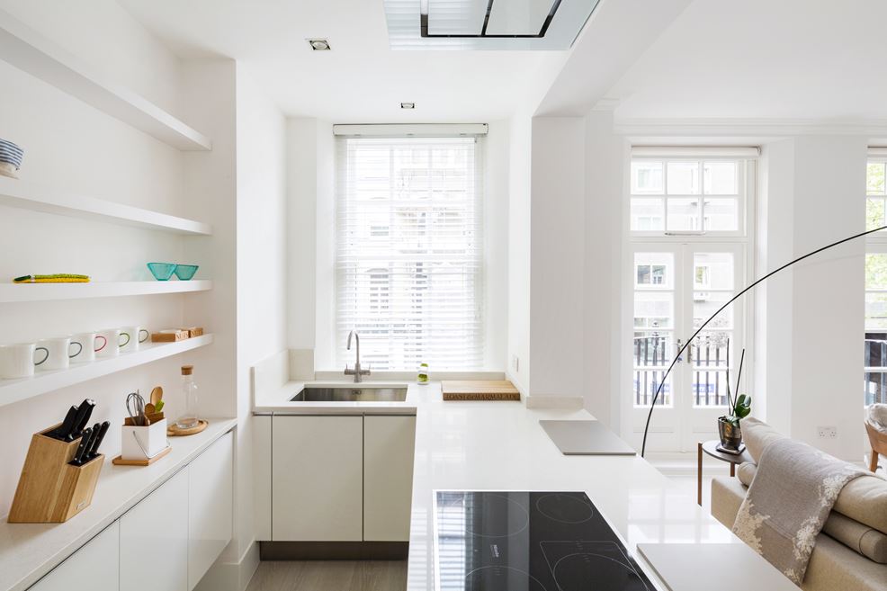 White kitchen with shelves and window